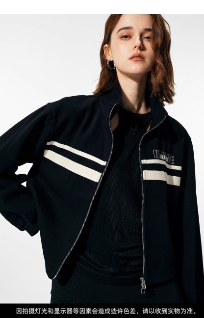 Black double zipper contrast color sports jacket 147