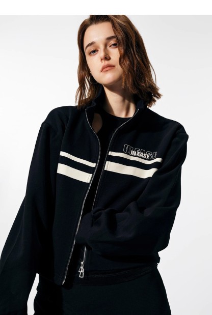 Black double zipper contrast color sports jacket 147