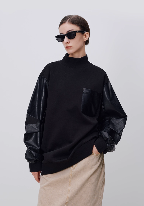 PU leather patchwork loose sweatshirt 24