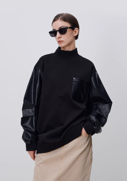 PU leather patchwork loose sweatshirt 24