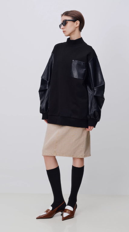 PU leather patchwork loose sweatshirt 24
