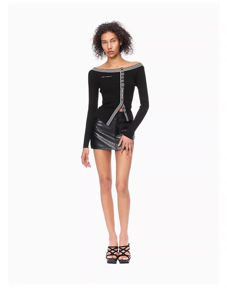 Striped Off-Shoulder Knit Cardigan 53