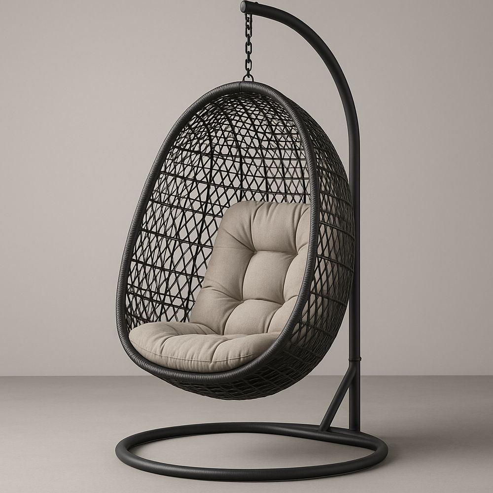 Hängstol Äggform Svart Stål Ram Beige Sittdyna
