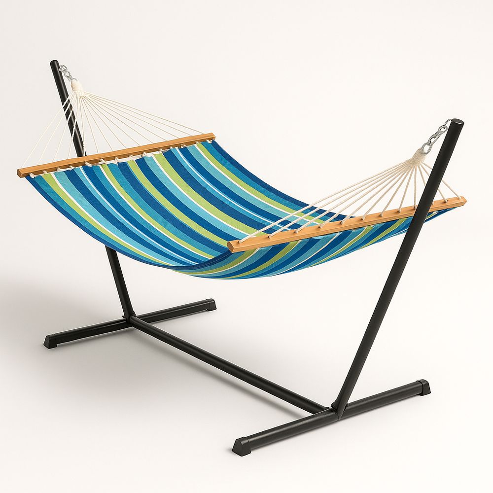 Hängmatta med stativ Blå/Grön Polyester/Varmgalvaniserat Stål 200 cm