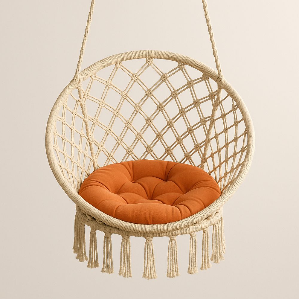 Rund hängstol i bomullsnät med orange kudde