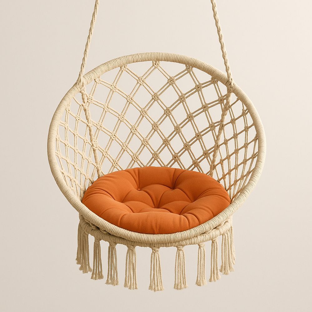 Rund hängstol i bomullsnät med orange kudde