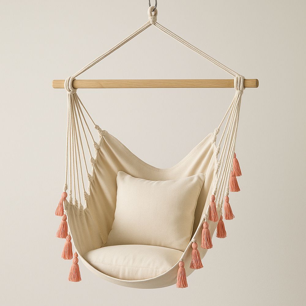 Hängmattestol Krämfärgad Bomull med Kuddar och Dekorativa Tofsar Total Längd 100 cm
