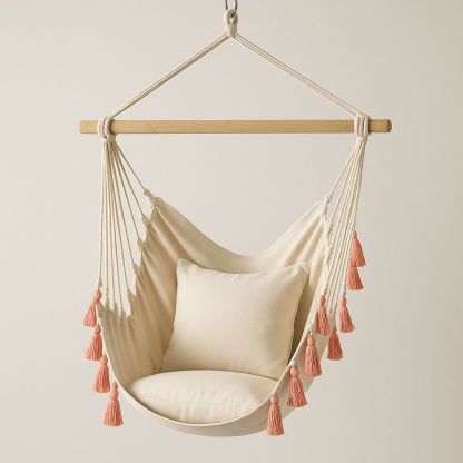 Hängmattestol Krämfärgad Bomull med Kuddar och Dekorativa Tofsar Total Längd 100 cm