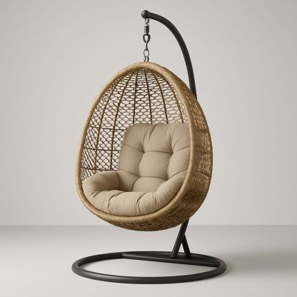 Hängande äggstol naturlig konstrotting med kudde beige stålram 195 cm