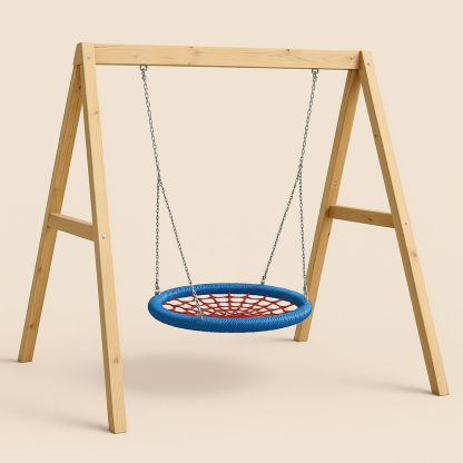 Barns gungställning med rund gunga i furu och stål, 200 cm