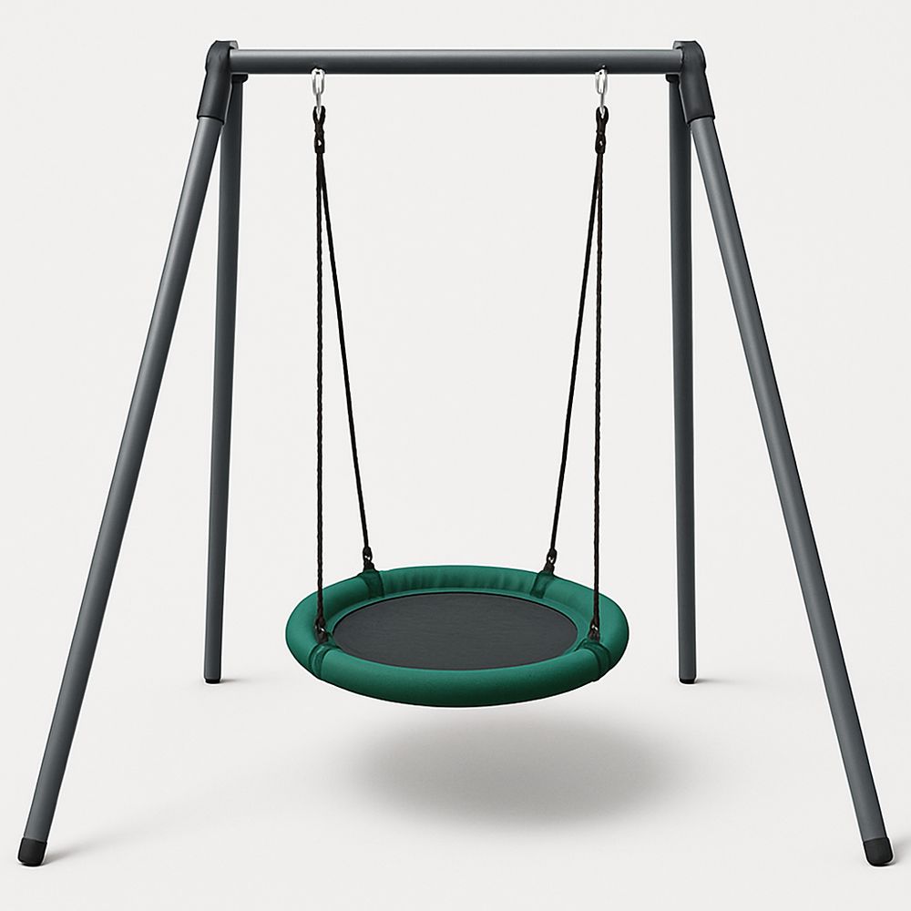 Rund gunga med stålram och grönt säte för barn