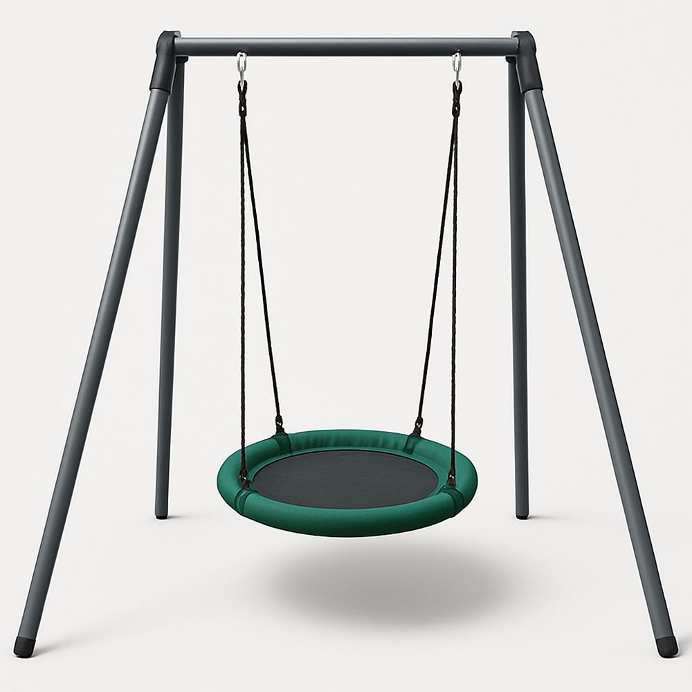 Rund gunga med stålram och grönt säte för barn