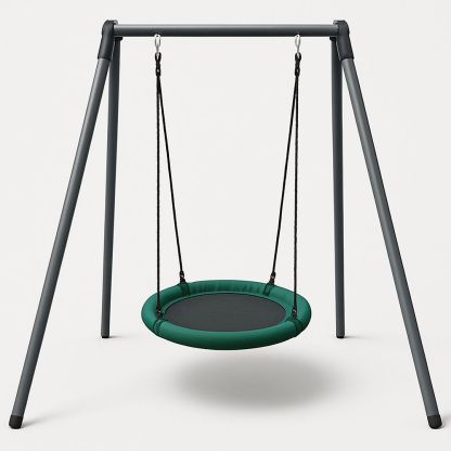 Rund gunga med stålram och grönt säte för barn