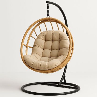 Hängstol i rotting med beige bomullskudde frihängande stålkonstruktion