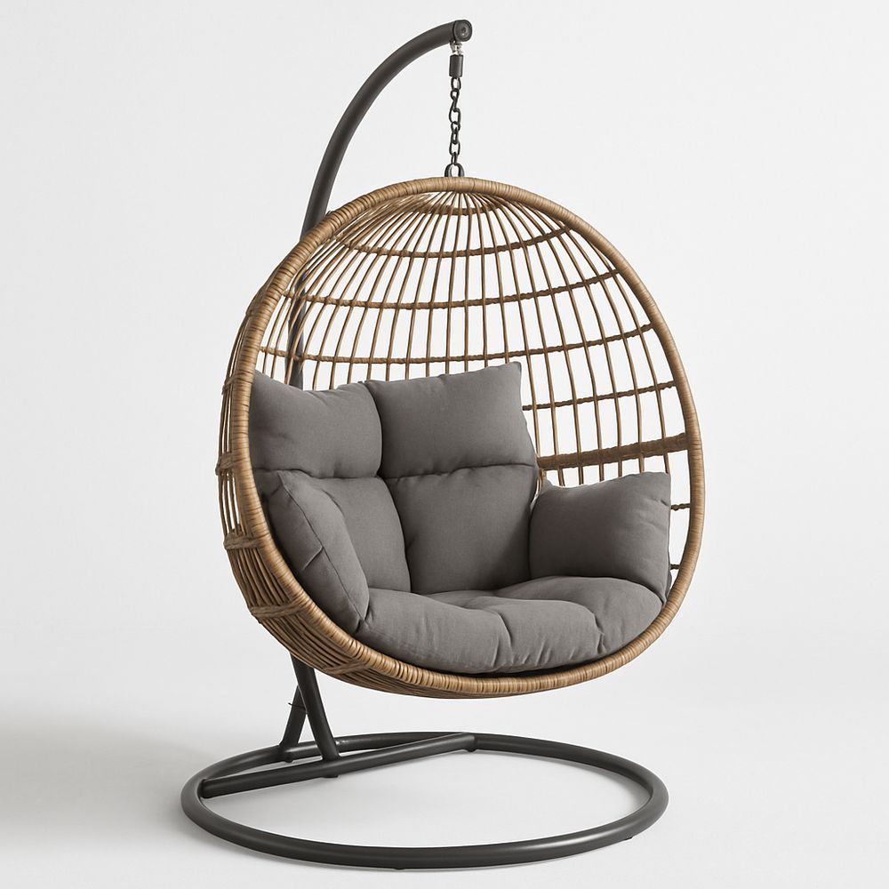 Hängstol Rattan Rund med Stålram och Grå Kuddar