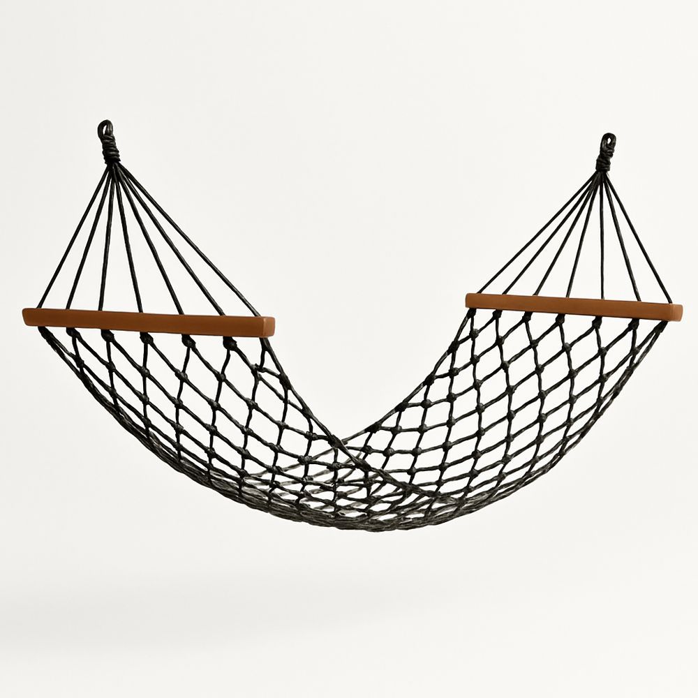 Hängmatta i polyesternät svart med teakdetaljer 200x100 cm（L×B）