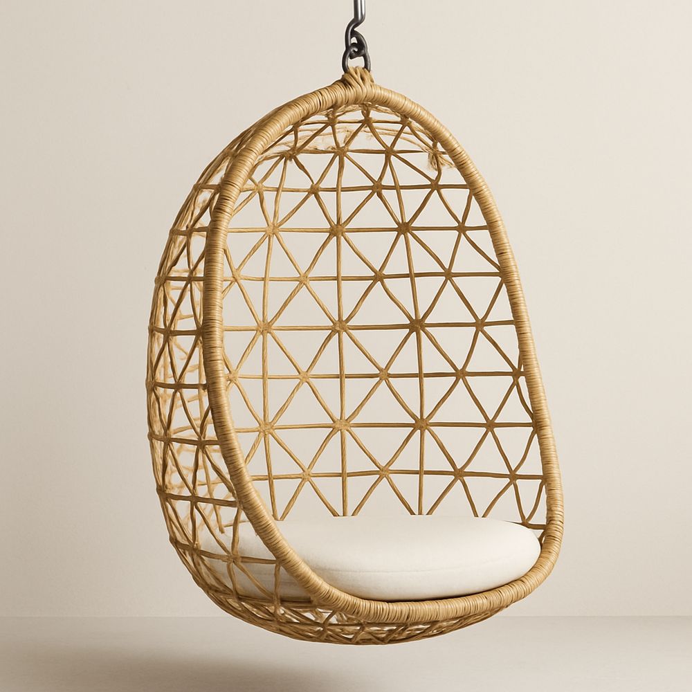 Hängstol av syntetisk rotting oval form naturfärg med bomullsdyna