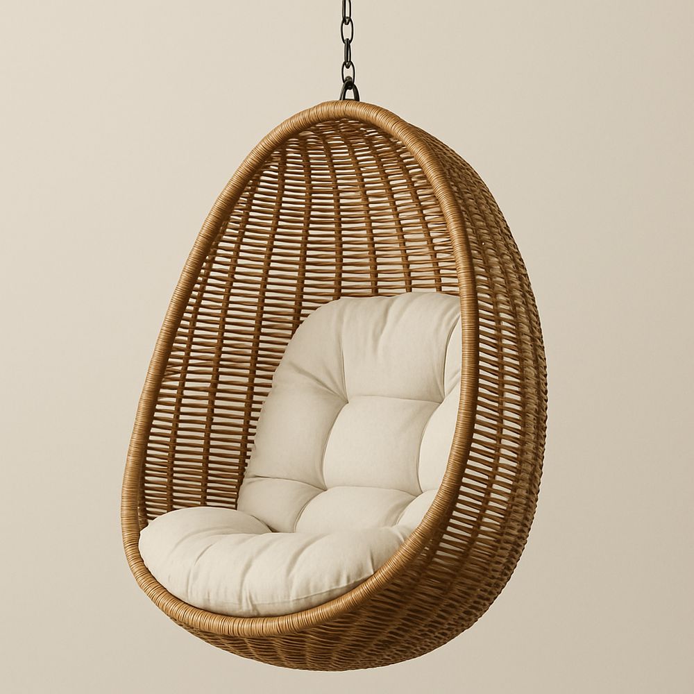 Hängande stol i rotting med beige bomullssittdyna rund form 120 cm höjd