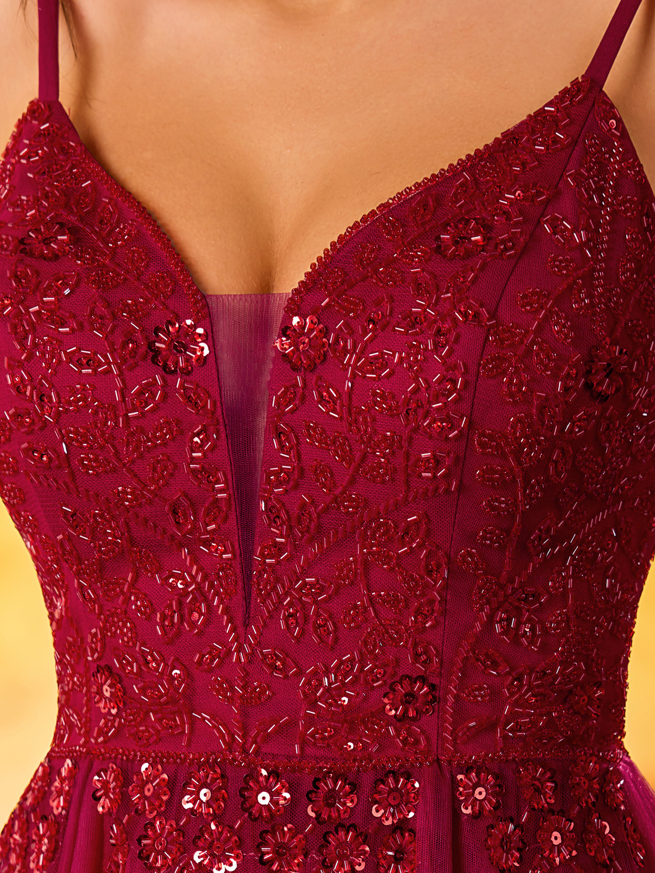 Women's Beaded V-Neck A Swing Evening Gown Elegant Tulle Party Dress For Wedding Guest,Party, Evening