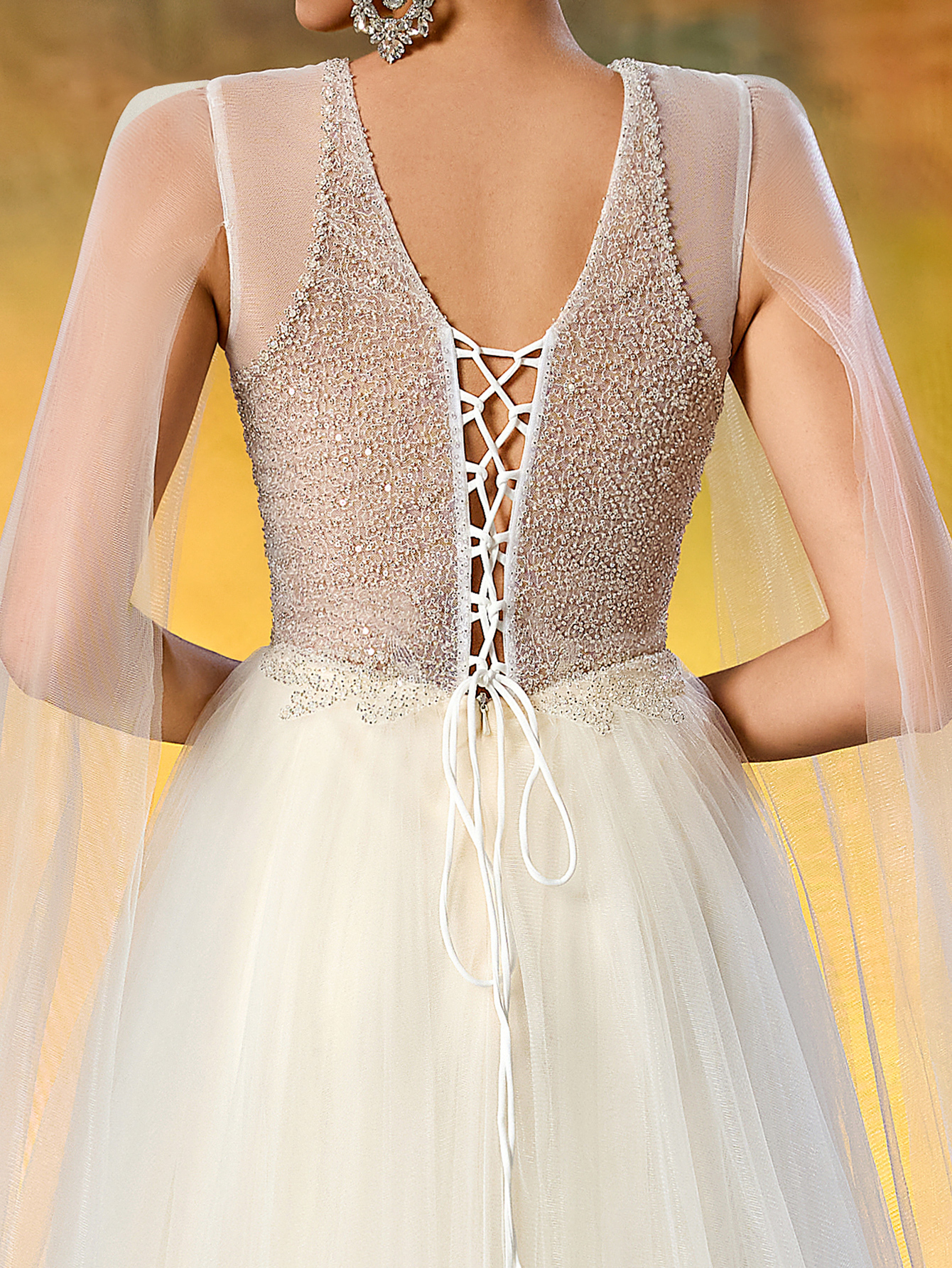 Elegant V-Neck Beaded Embroidery Wedding Dress - Sheer Long Flowing Sleeves & A-Line Tulle