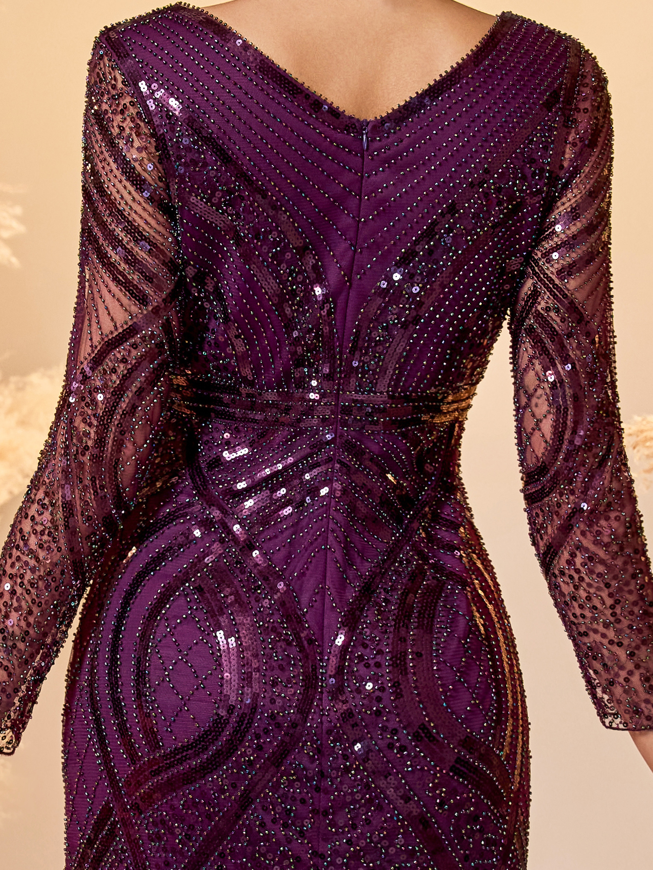 Modecrush Deep Purple Plain Weave Wedding Guest Dress Women - Elegant Long Sleeve Bodycon Evening Gown with Sheer Mesh Panel Skirt, Sparkling Formal Party Dress