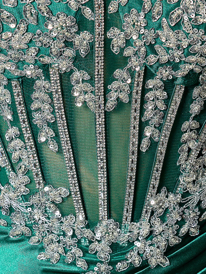 Elegant Strapless Beaded Corset High Slit Train Gown Formal Evening Dress