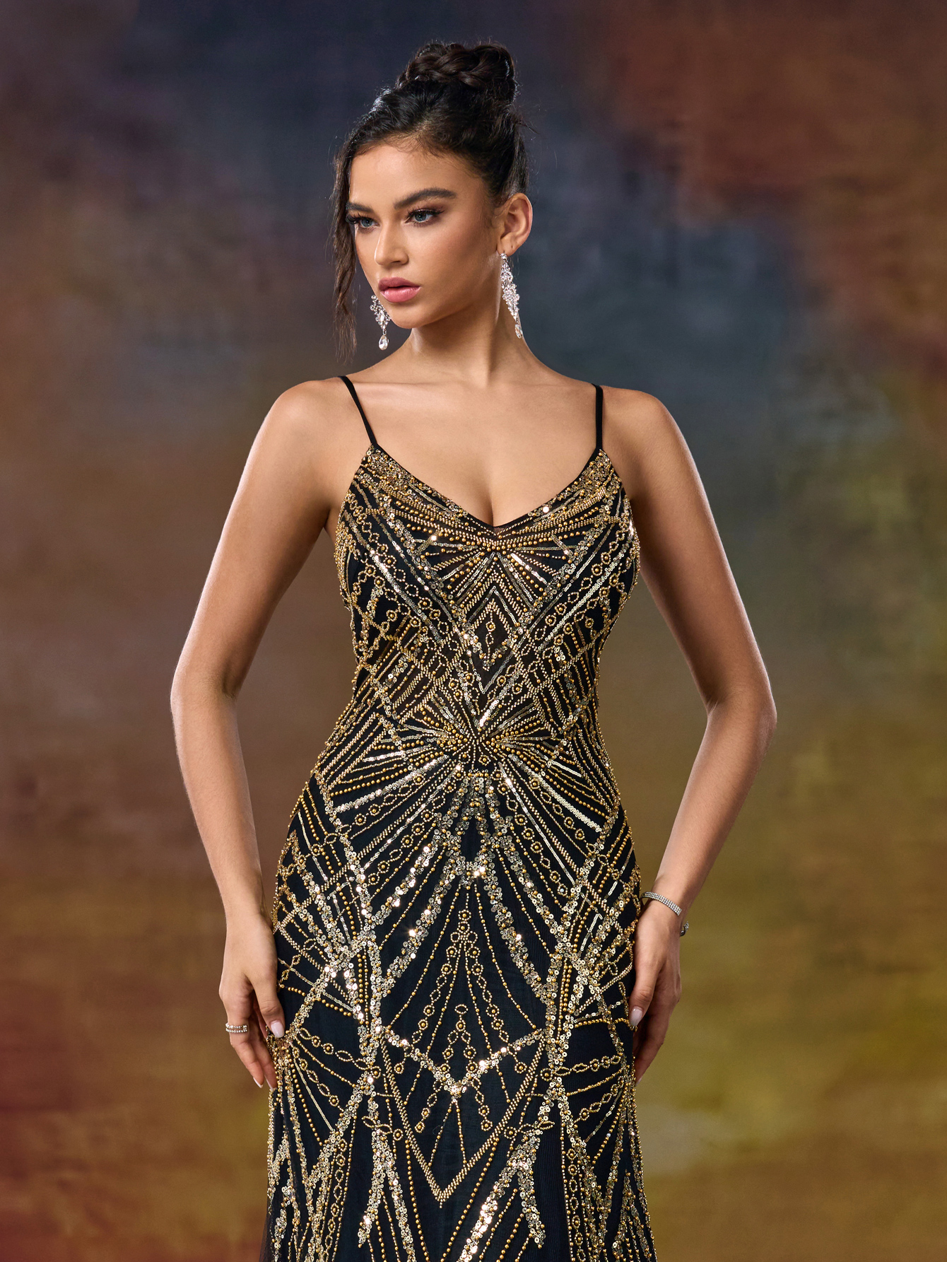 Heavyly Beaded Silver Mermaid Gown with Spaghetti Straps