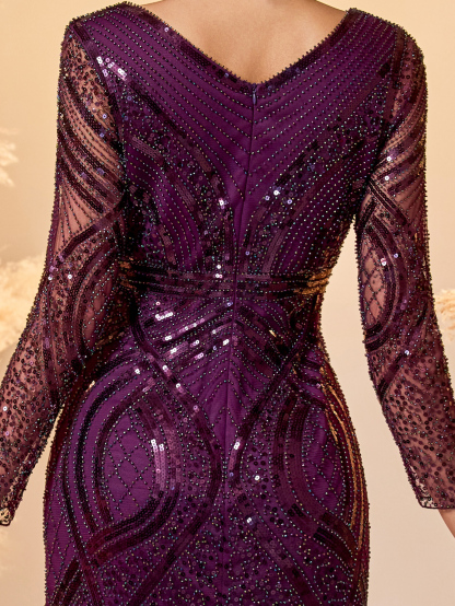 Modecrush Deep Purple Plain Weave Wedding Guest Dress Women - Elegant Long Sleeve Bodycon Evening Gown with Sheer Mesh Panel Skirt, Sparkling Formal Party Dress