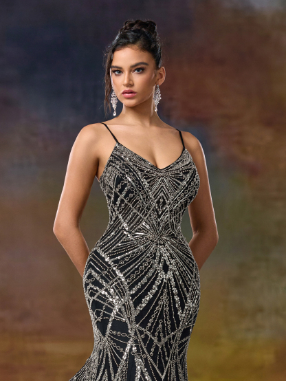 Modecrush Sparkling Full Beaded Sequin Party Dress Luxurious Column Spaghetti Straps V-Neck Evening Dress Party Wear