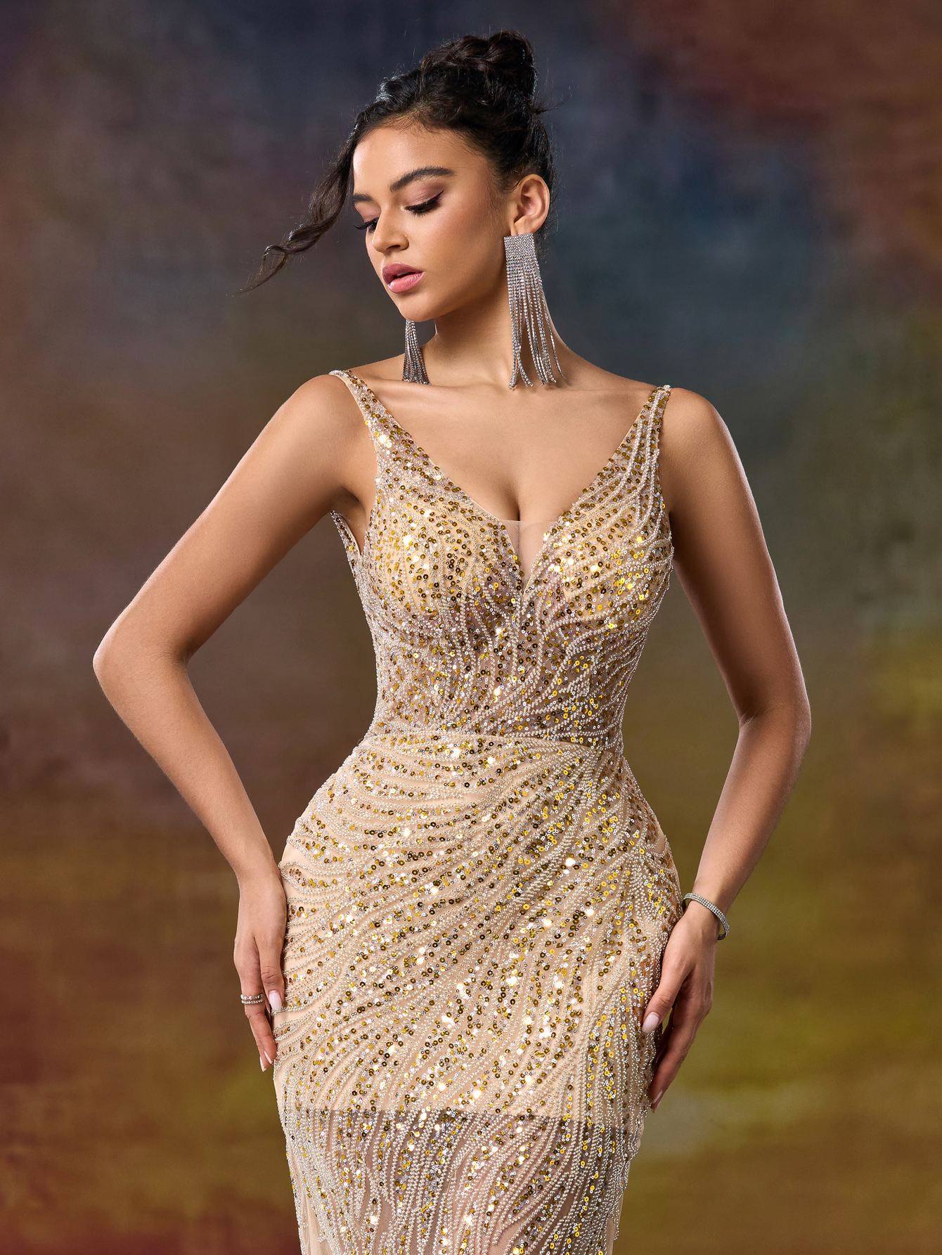 Modecrush V Neck Straps Column Beaded Prom Party Dress