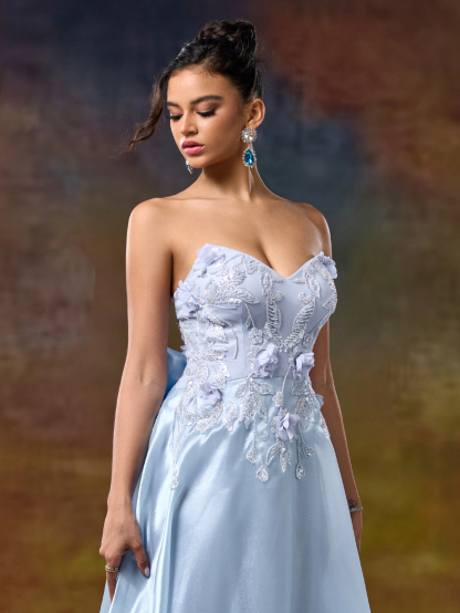 Modecrush A Line Sweetheart 3D Flower Applique Evening Party Dress Bow Tie Waist Prom Dresses