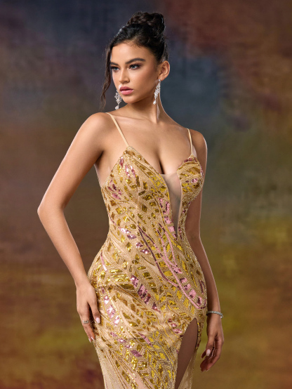 Modecrush Column Spaghetti Sweetheart Neckline Beaded Sexy Evening Party Dress