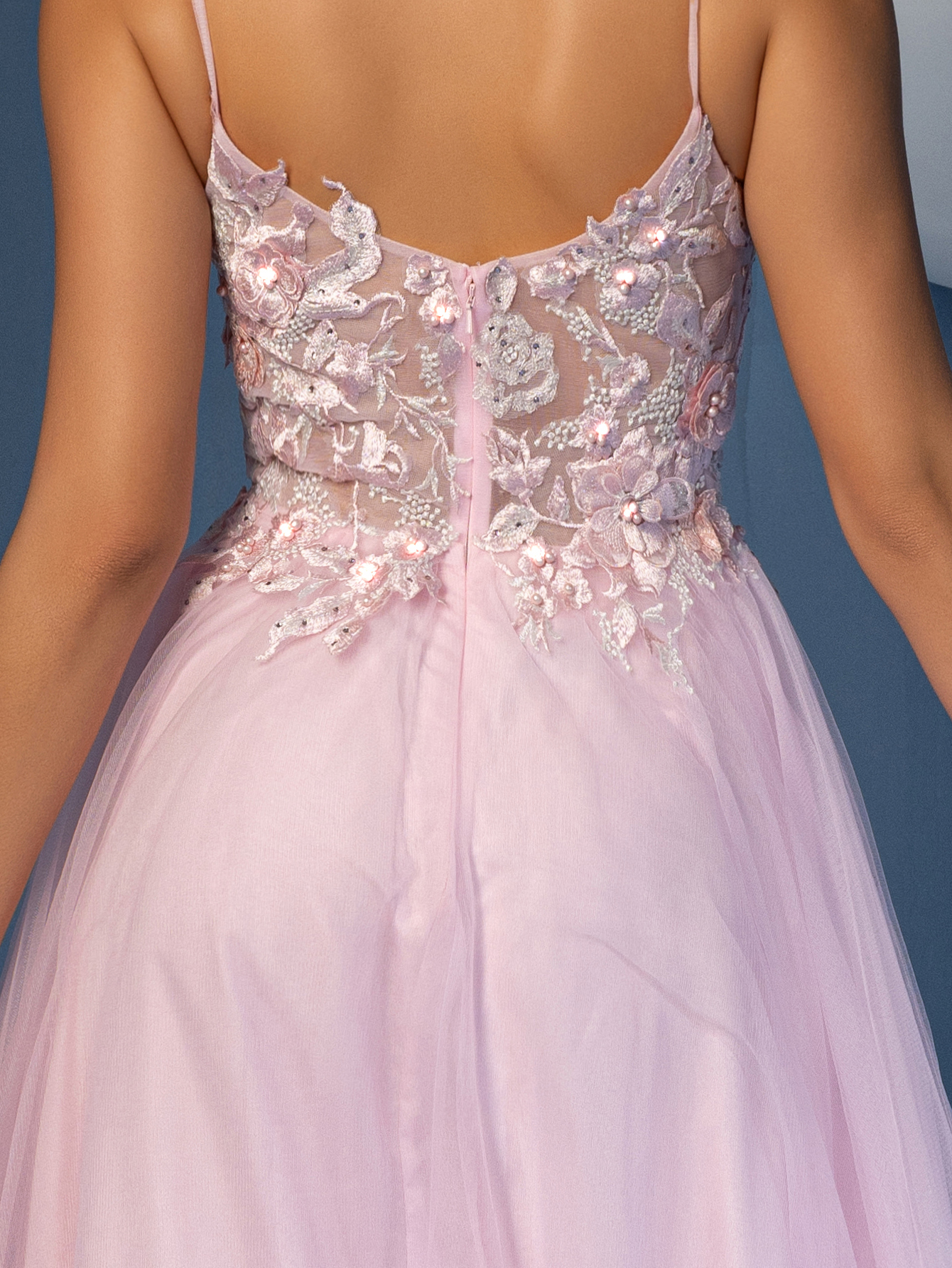 Modecrush Light Pink Tulle Spaghetti - Strap Gown, 3D Floral Embroidered Corset, Large Skirt Ideal for Romantic, Dreamy and Girly Occasions like Galas and Balls