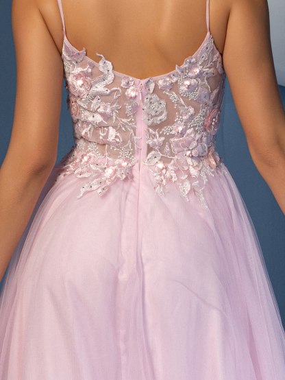 Modecrush Light Pink Tulle Spaghetti - Strap Gown, 3D Floral Embroidered Corset, Large Skirt Ideal for Romantic, Dreamy and Girly Occasions like Galas and Balls