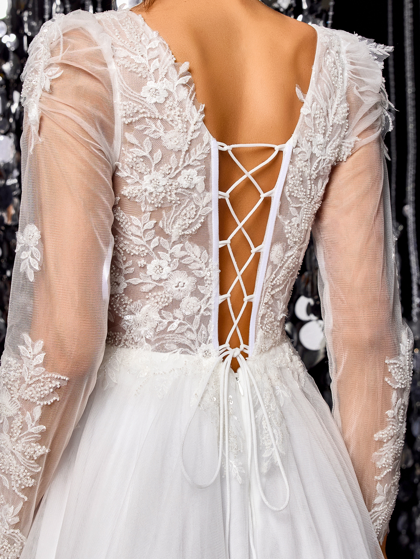 Modecrush White elegant exquisite off-shoulder mesh wedding dress A-line long train beaded embroidered bridal gown