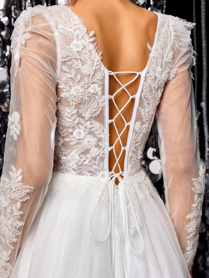 Modecrush White elegant exquisite off-shoulder mesh wedding dress A-line long train beaded embroidered bridal gown