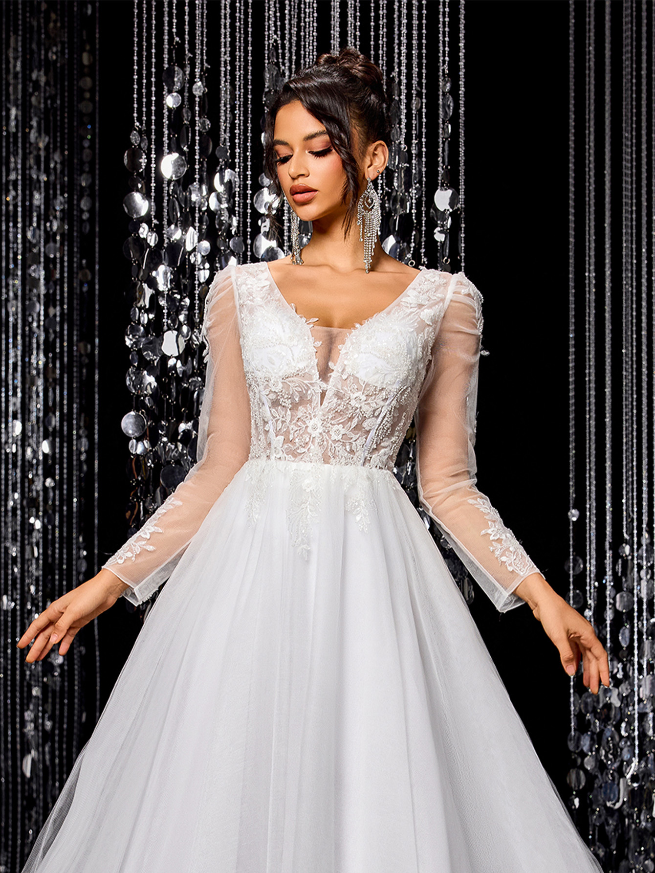 Modecrush White elegant exquisite off-shoulder mesh wedding dress A-line long train beaded embroidered bridal gown