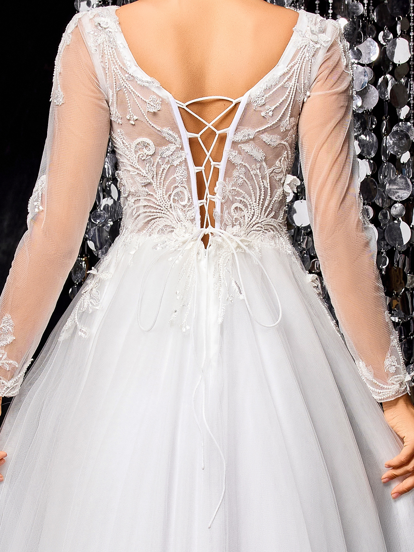 Modecrush White Elegant Women Wedding Dress, Gorgeous Beaded Embroidered Long Sleeve Mesh Bridal Gown