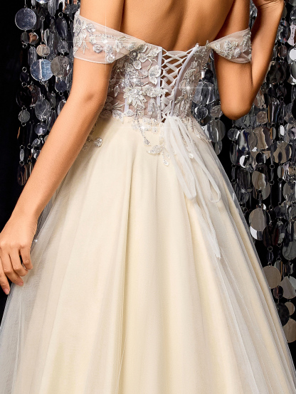 Modecrush White Women Long Dress Champagne A-Line Wedding Dress with Intricate Applique ? Elegant Bridal Gown , Wedding Guest