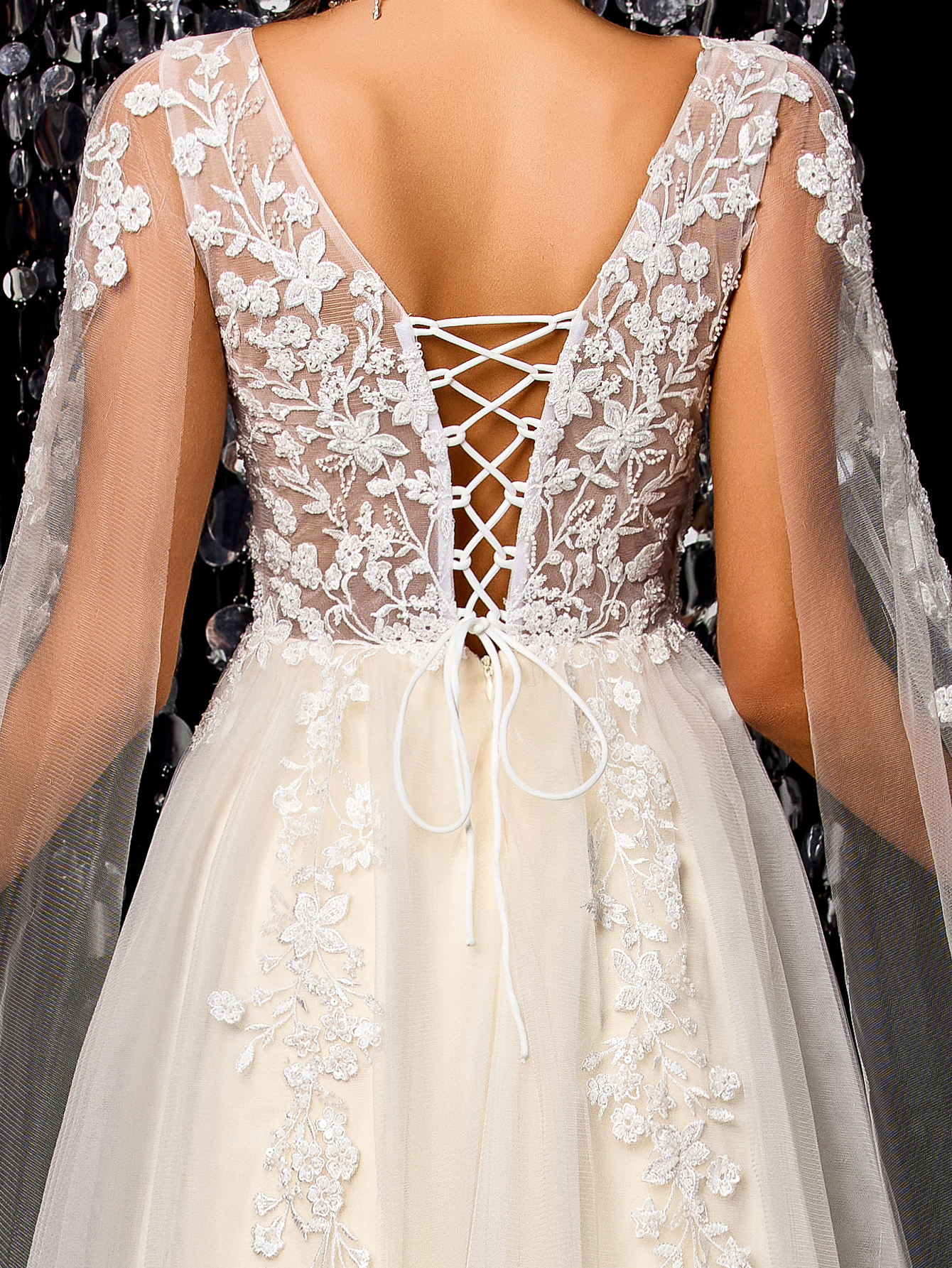 Modecrush Women's Flowing Wedding Dress, Gorgeous Beaded Embroidered Mesh Long Sleeves Trailing Bridal Gown