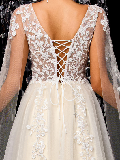 Modecrush Women's Flowing Wedding Dress, Gorgeous Beaded Embroidered Mesh Long Sleeves Trailing Bridal Gown