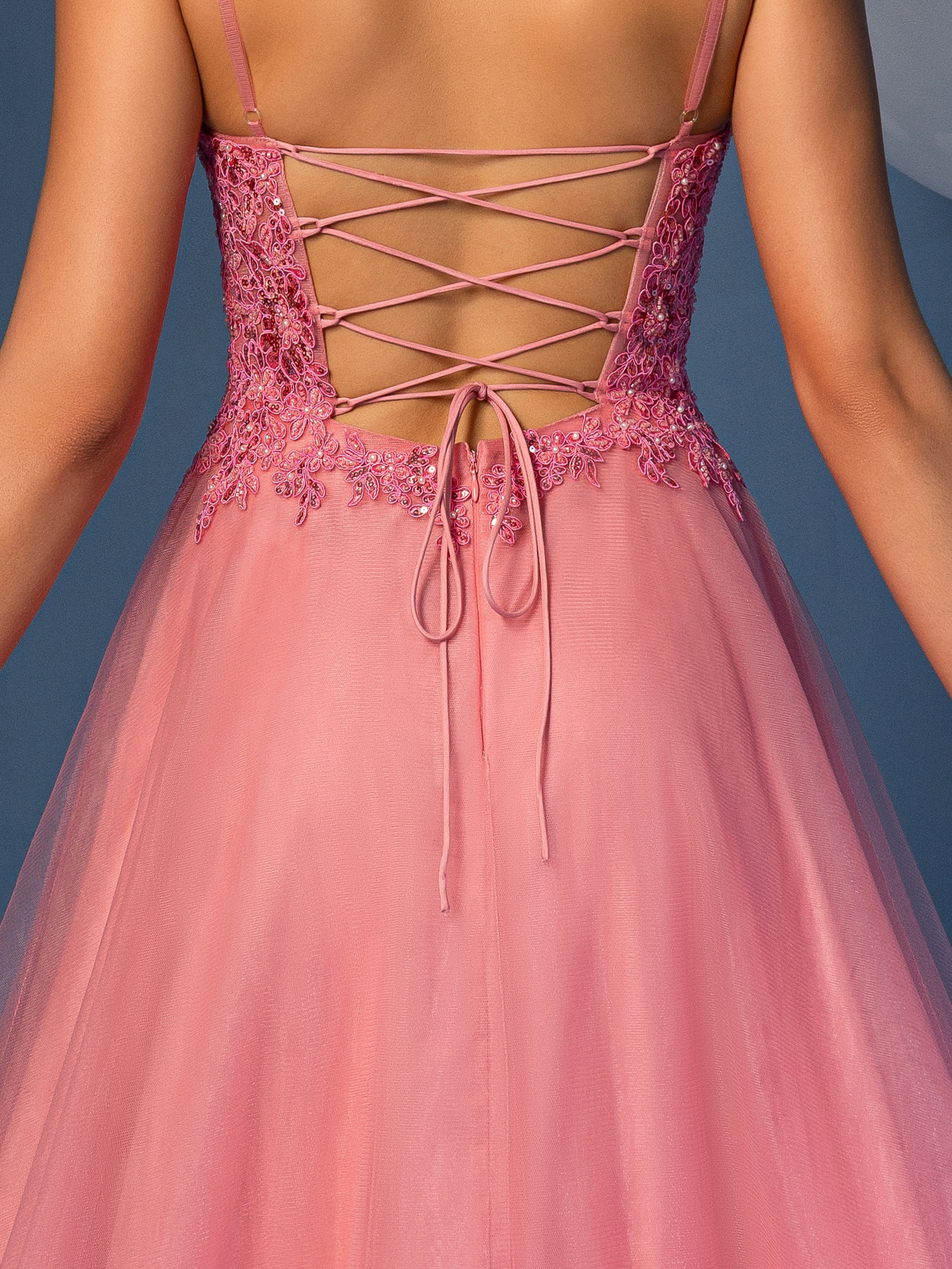 Modecrush Elegant Spaghetti Strap A-Line Long Gown with Embroidered Lace Applique & Sheer Tulle Skirt - Perfect for Weddings, Parties, Birthdays, Graduations