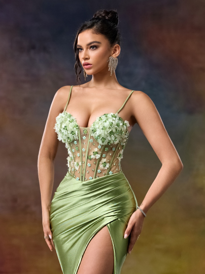 Stunning Green Spaghetti Strap Mermaid Dress adorned with Blooming 3D Flowers