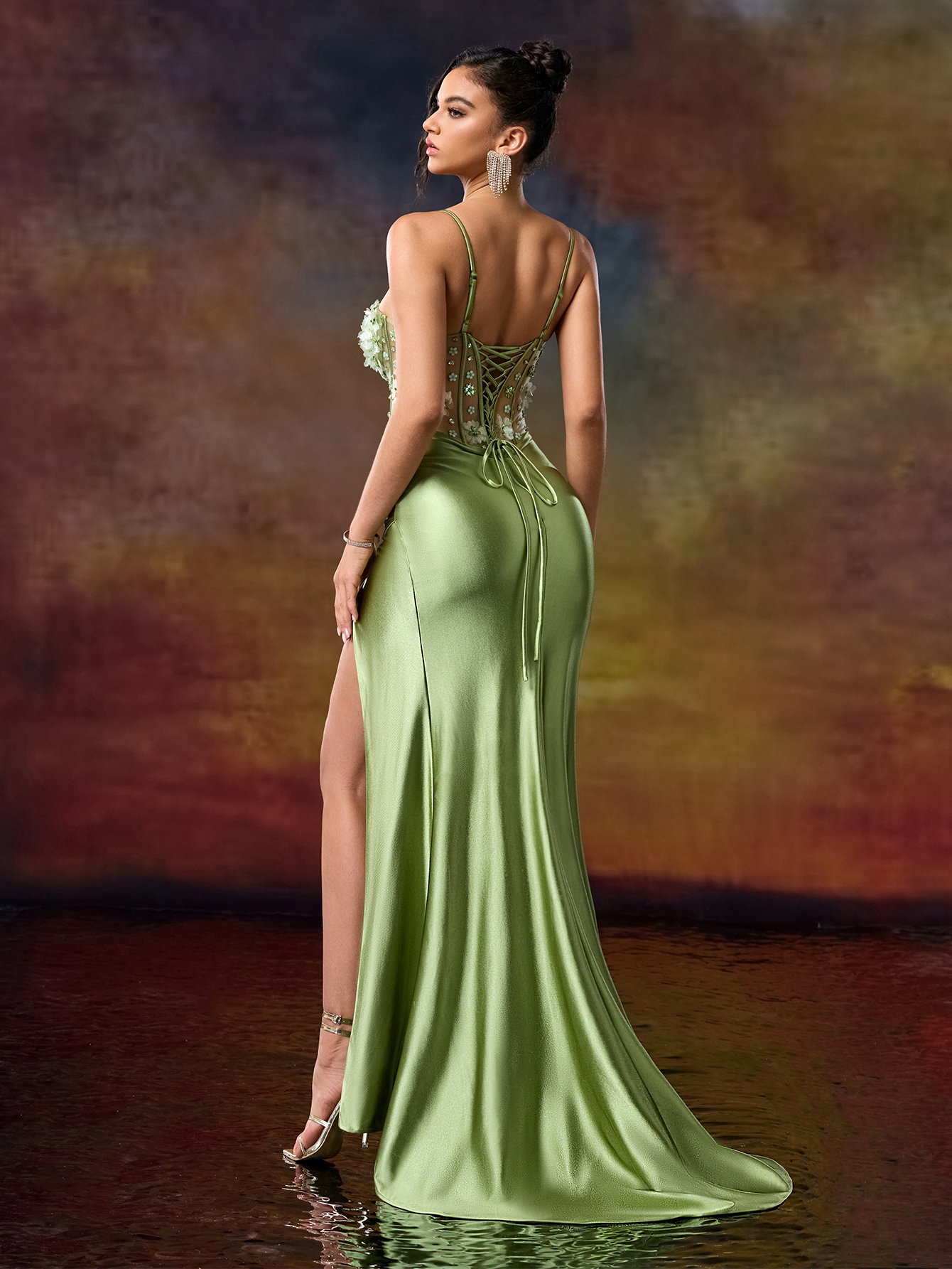 Stunning Green Spaghetti Strap Mermaid Dress adorned with Blooming 3D Flowers