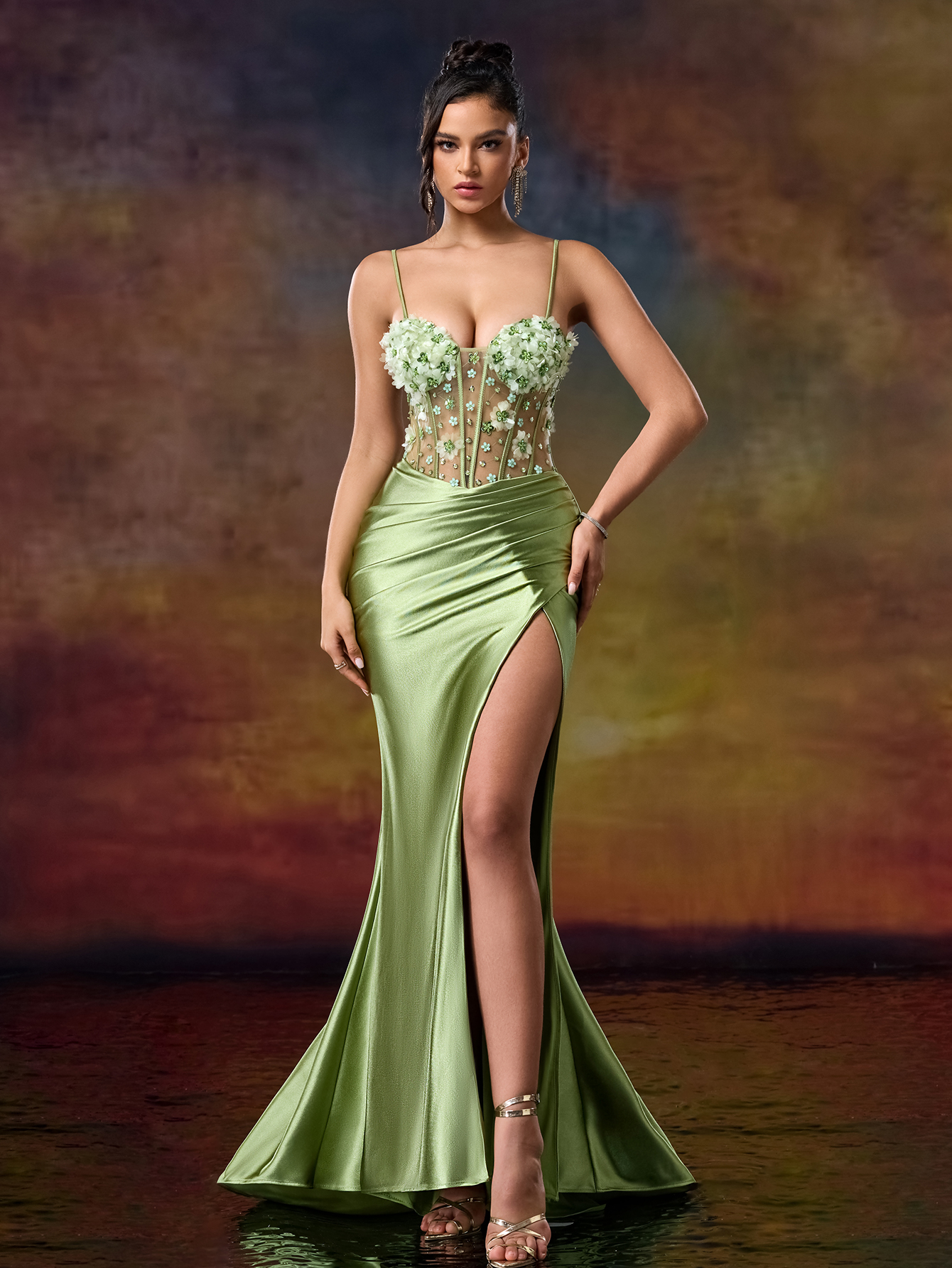 Stunning Green Spaghetti Strap Mermaid Dress adorned with Blooming 3D Flowers