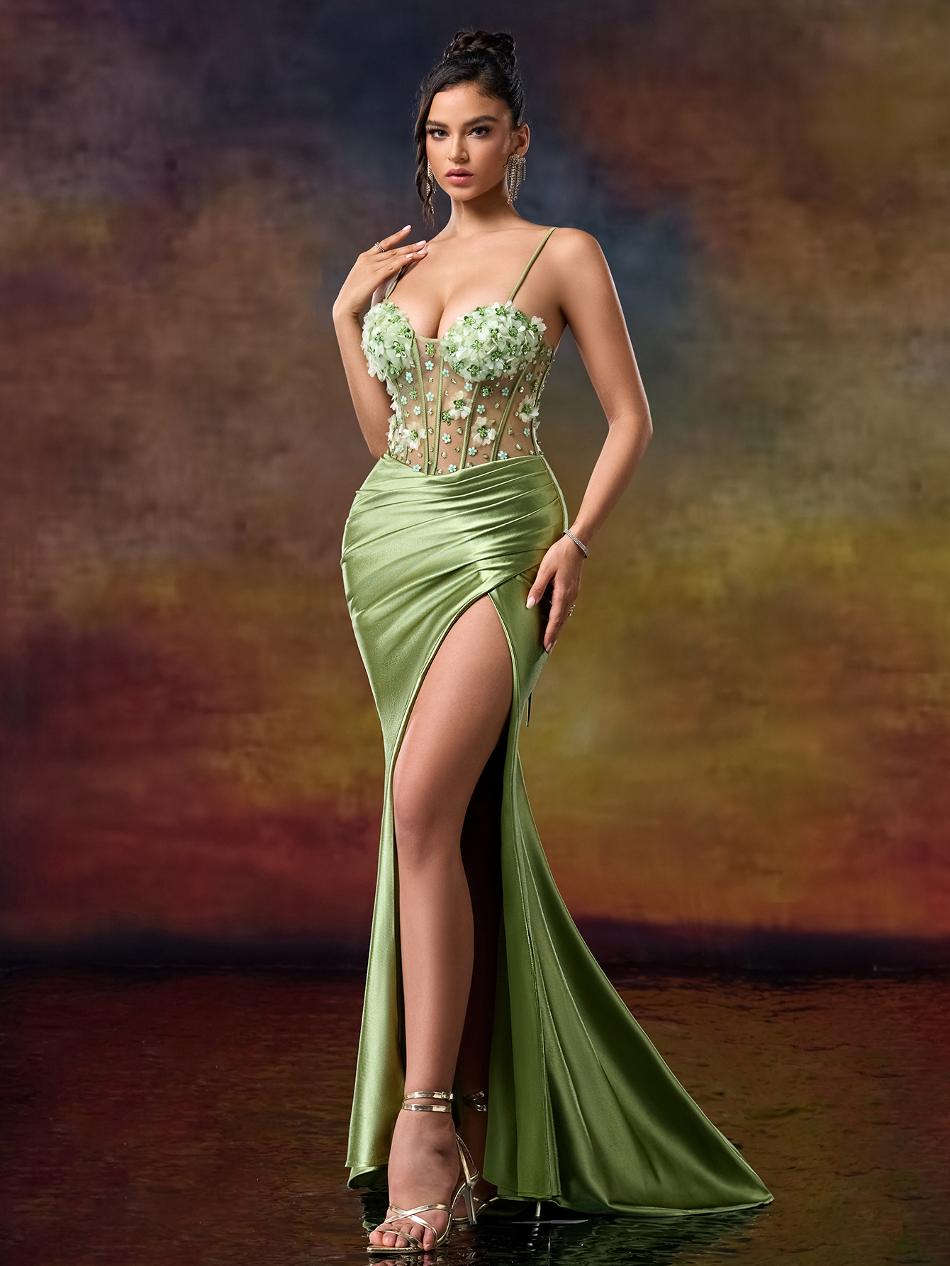 Stunning Green Spaghetti Strap Mermaid Dress adorned with Blooming 3D Flowers