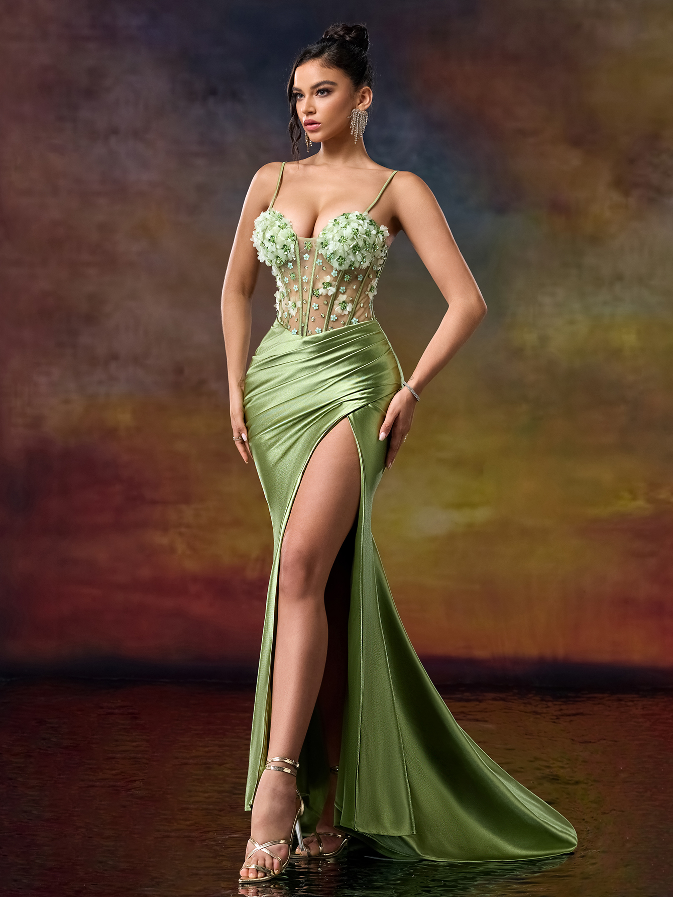 Stunning Green Spaghetti Strap Mermaid Dress adorned with Blooming 3D Flowers