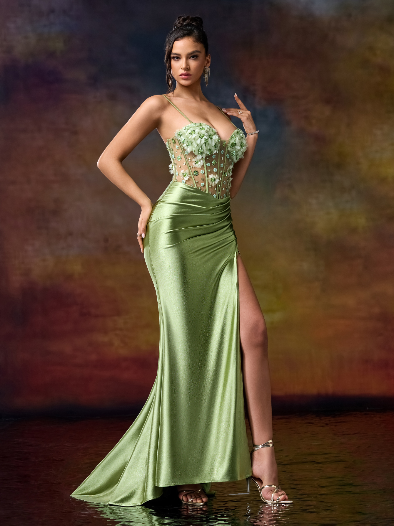 Stunning Green Spaghetti Strap Mermaid Dress adorned with Blooming 3D Flowers