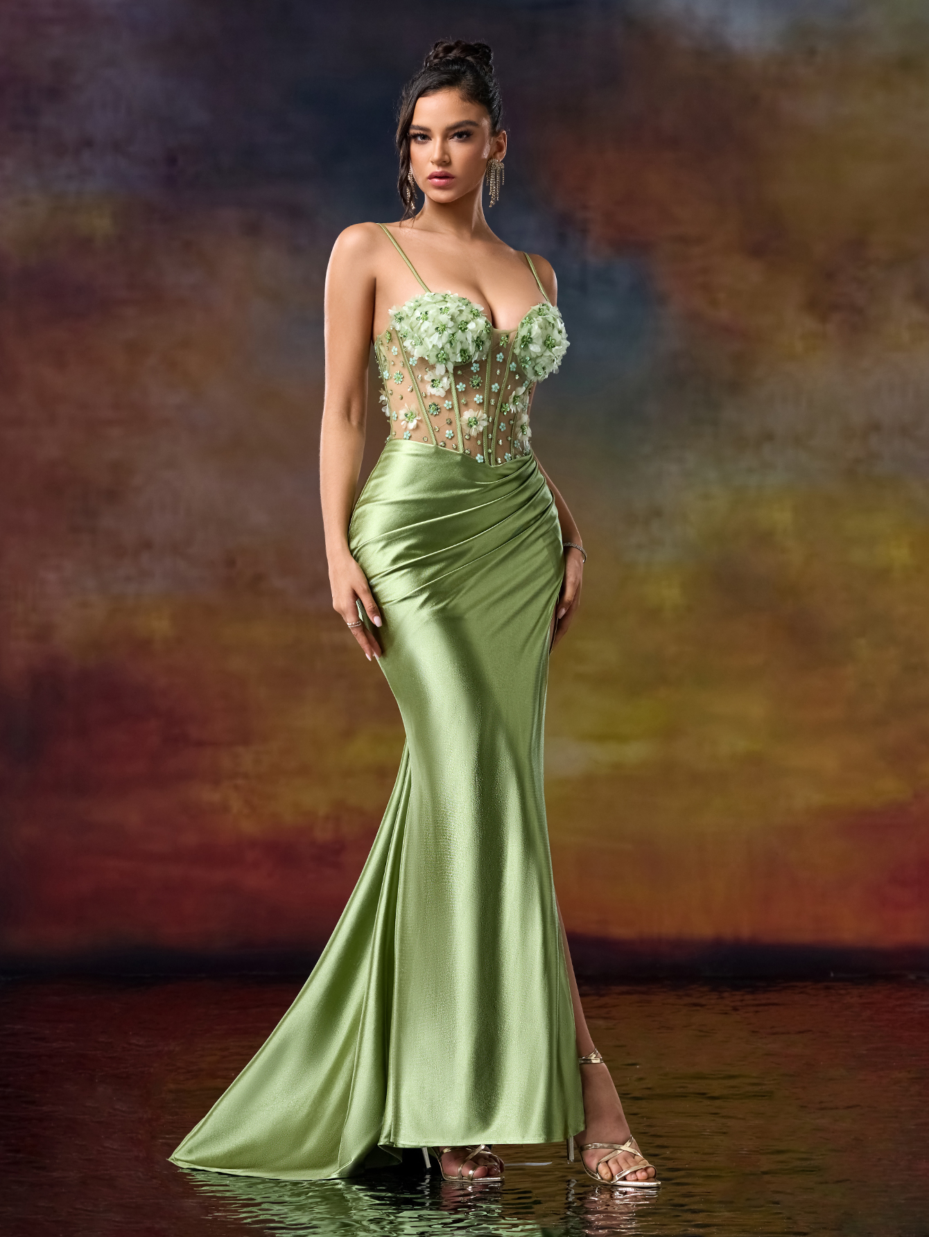 Stunning Green Spaghetti Strap Mermaid Dress adorned with Blooming 3D Flowers