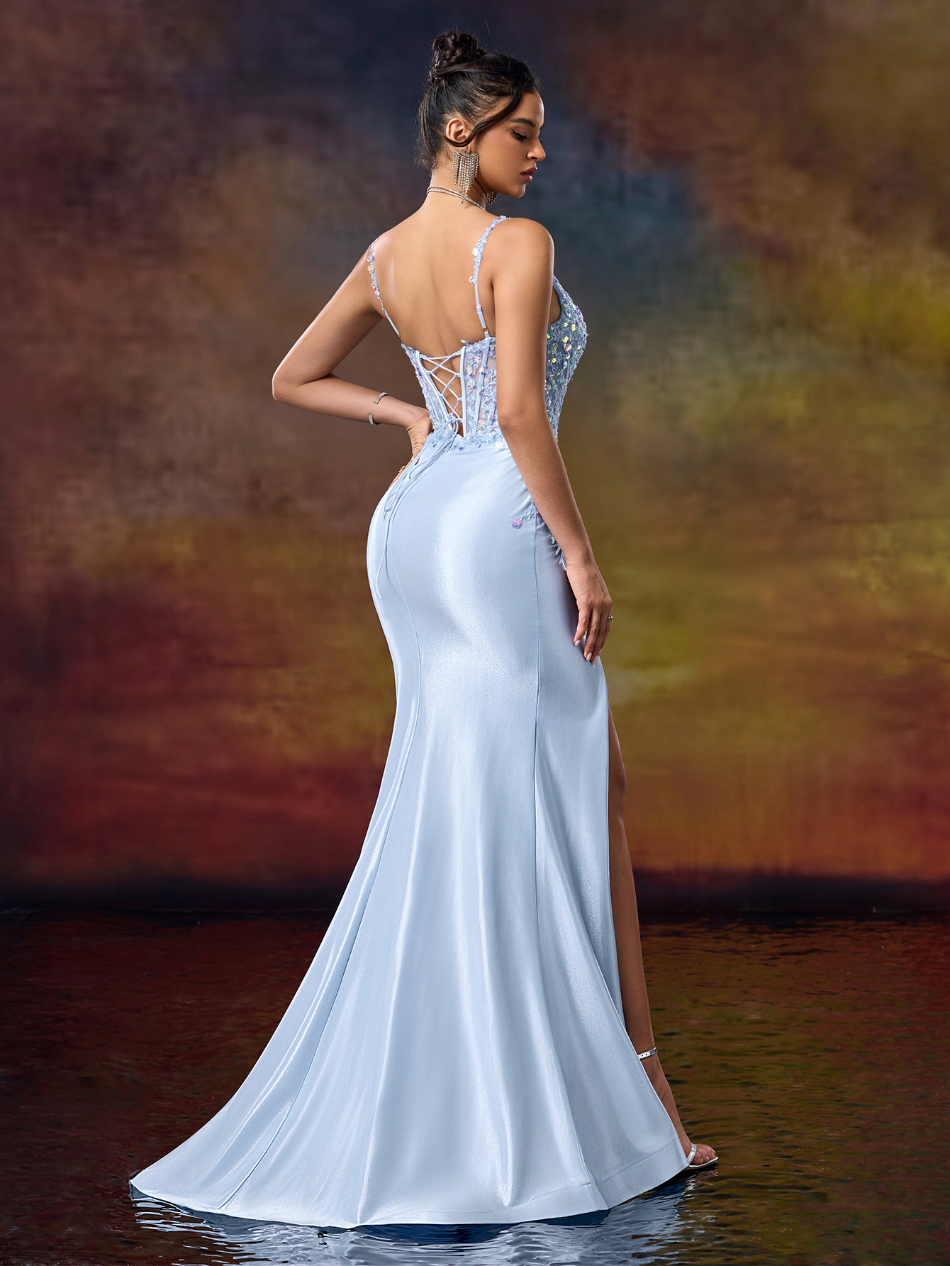 Light Blue Sequin Spaghetti - Strap Mermaid Gown, Open - Back Lacing Design, High - Slit Skirt, Ideal for Glamorous, Shining and Dreamy Occasions like Galas and Balls